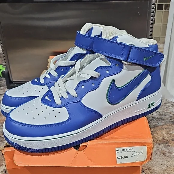 Nike Air Force 1 Mid Blue White Sneakers with Green Accents - Picture 3 of 6